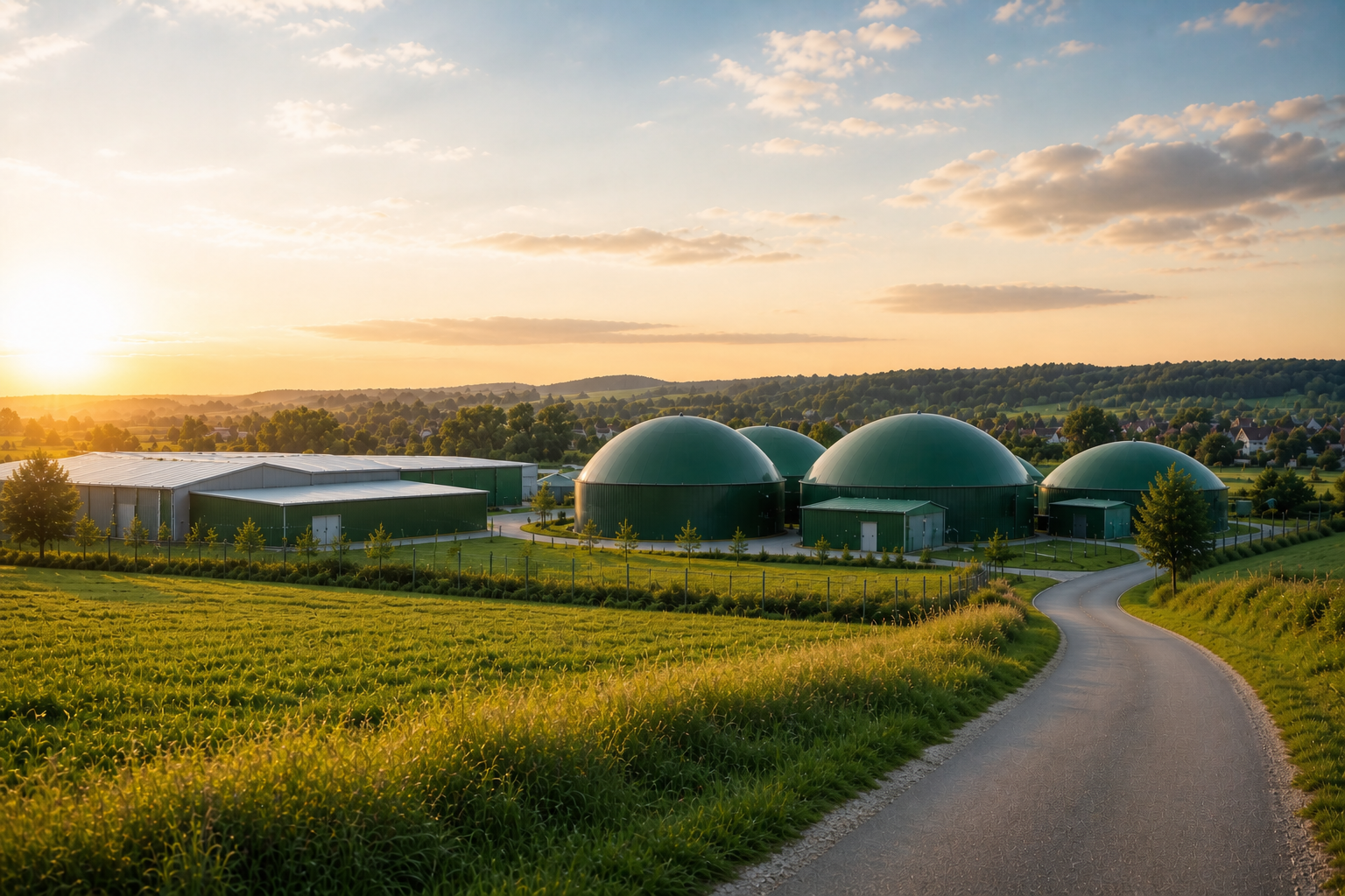 Biometanownia Galia Green Power o zachodzie słońca